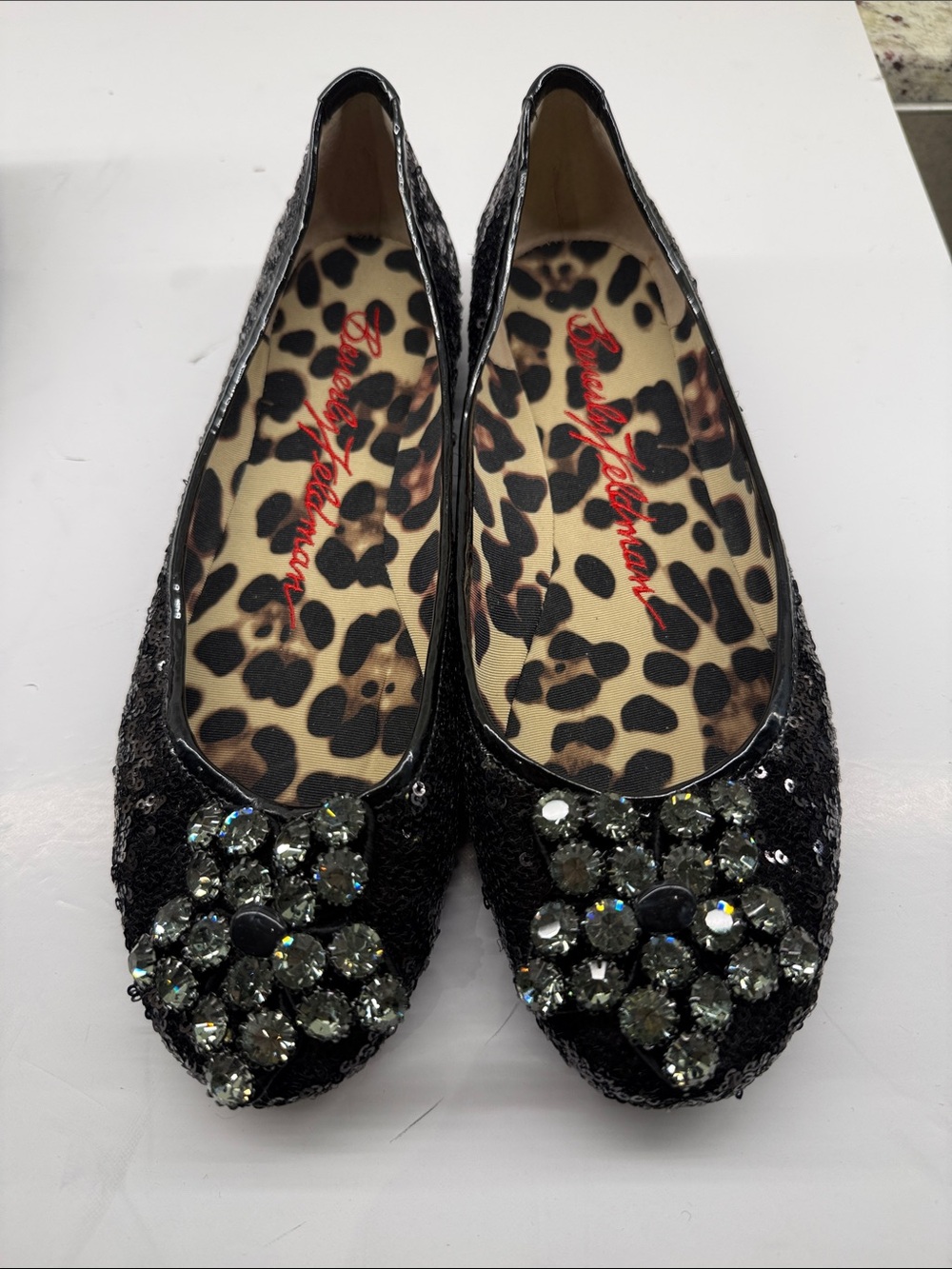 Betsey Johnson Black Sequin Flats with Crystal Embellishment